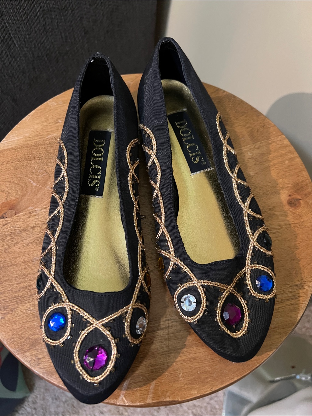Vintage Dolce Black Jewel Embellished Pointed Toe Flats
